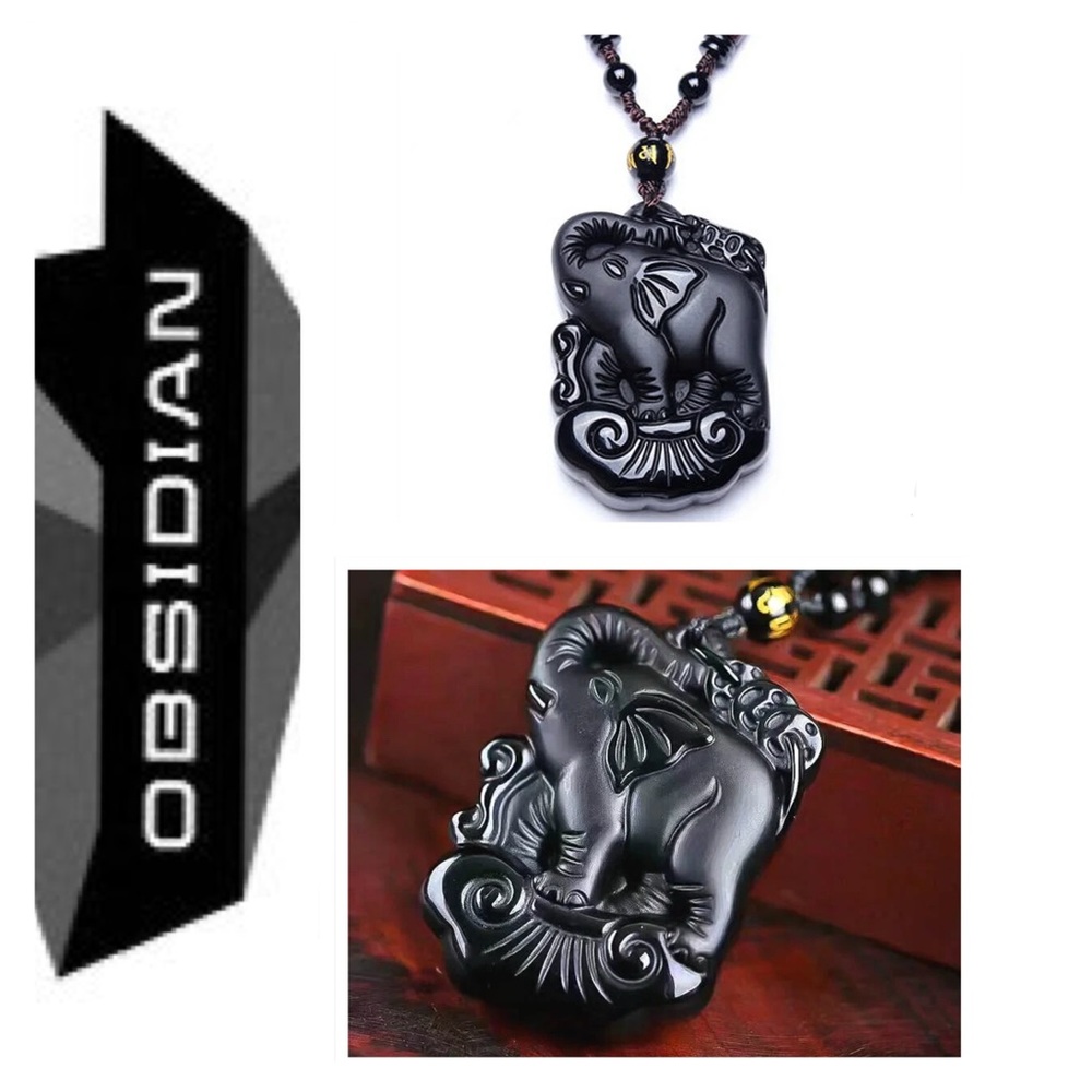🐘 Men’s Natural Black Obsidian Elephant Pendant Necklace